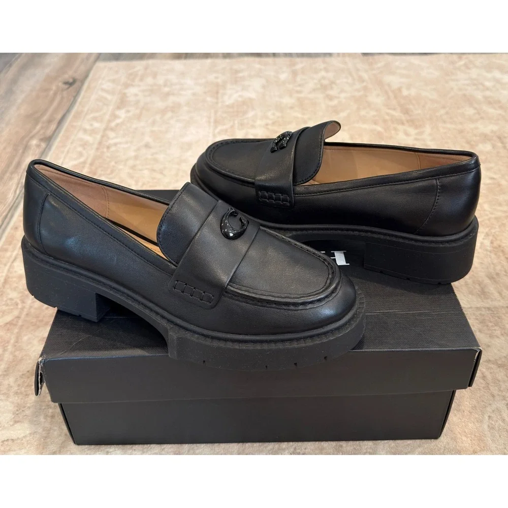 Coach Leah Leather Platform Lug Sole Loafers Black Size 7.5B
